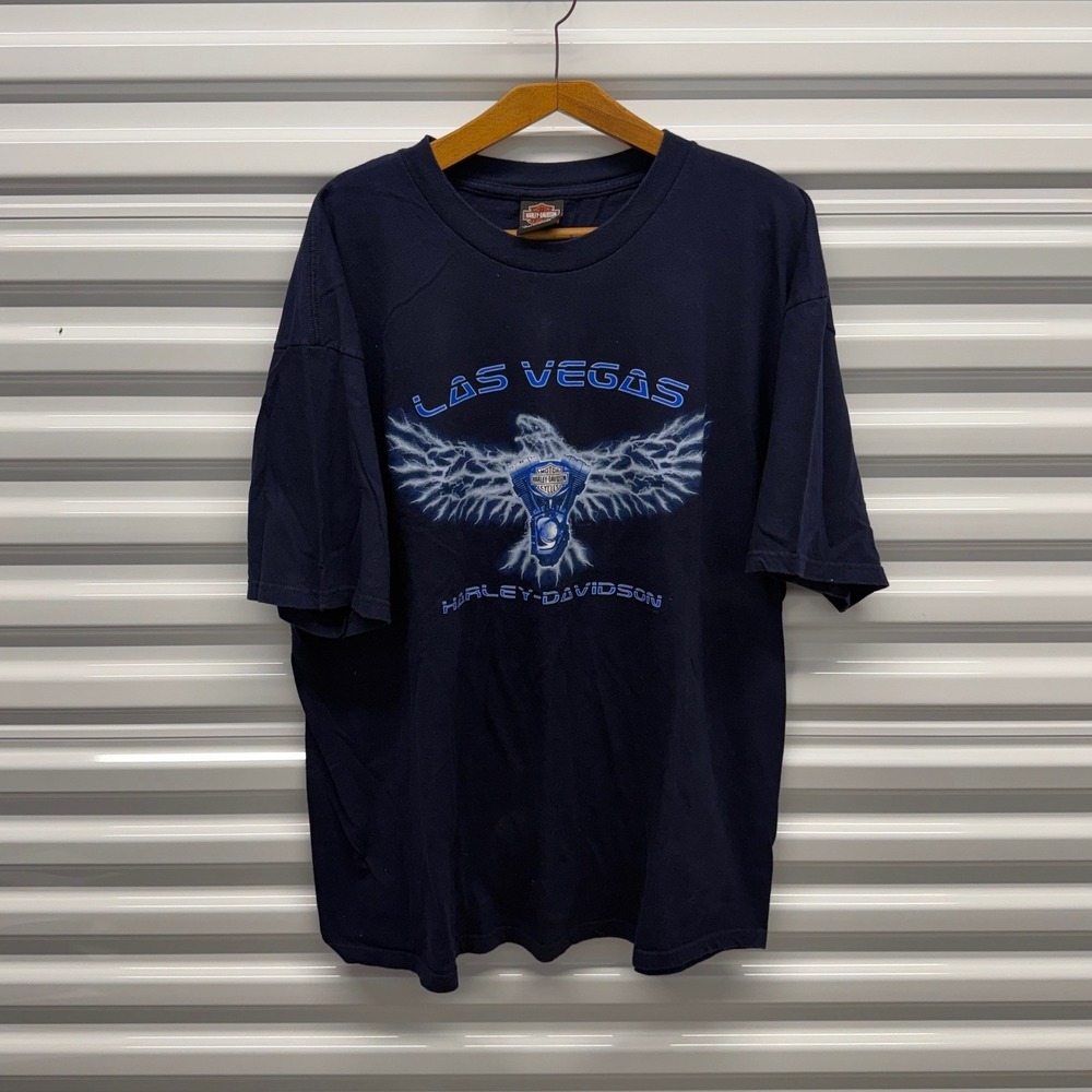 Vintage Harley Davidson Electric Eagle Engine Faded Blue Mens XXL Shirt